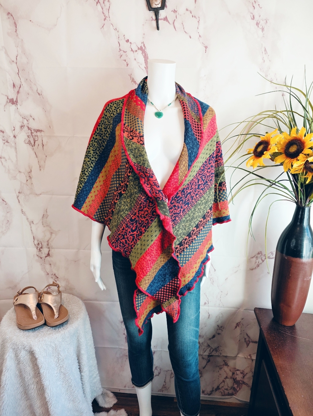 Invero Merino Wool Shawl Wrap One Size German Knit Colorful Boho - Picture 3 of 7